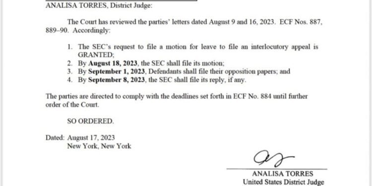 Judge Grants SEC Approval to File an Appeal of Ripple XRP Case