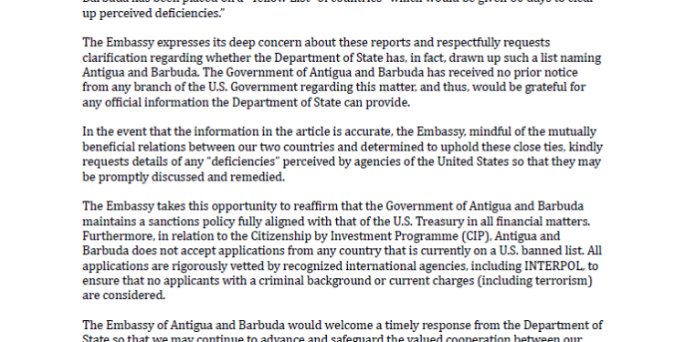 Diplomatic Note from Antigua and Barbuda to US State Department