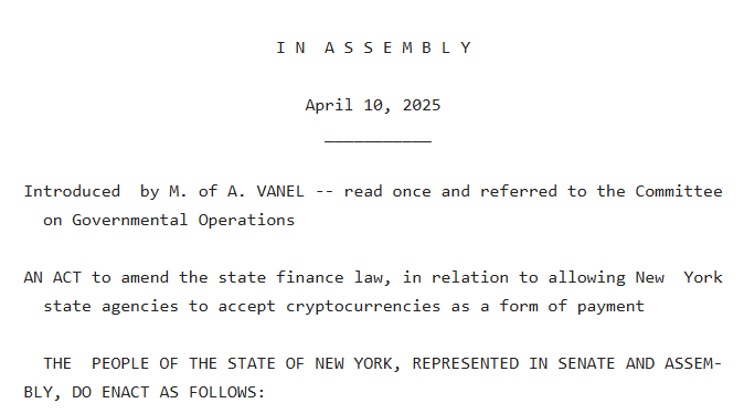 New York bill proposes legalizing Bitcoin, crypto for state payments