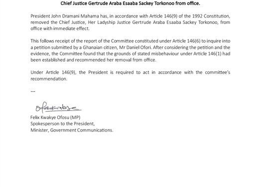 Ghana: President Mahama Removes Chief Justice Gertrude Torkornoo from Office