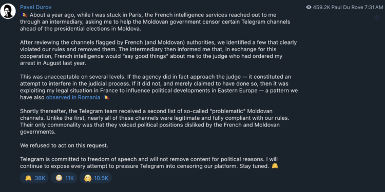 Pavel Durov Declines To Censor Moldova Election Content on Telegram