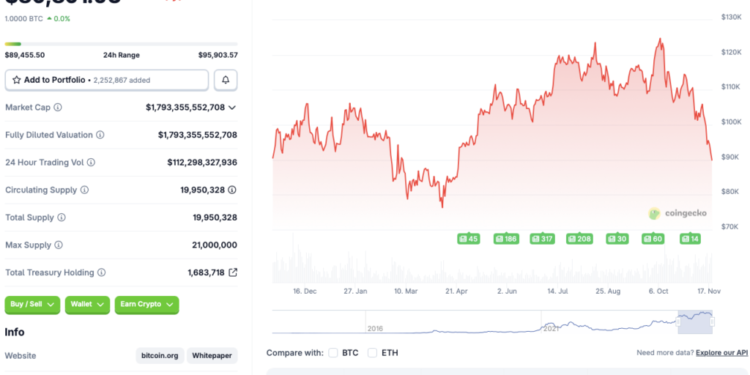 Bitcoin Falls to $89000 For The First Time in 7 Months