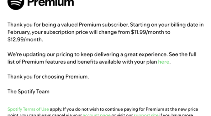 Spotify raises its subscription prices in the U.S. again